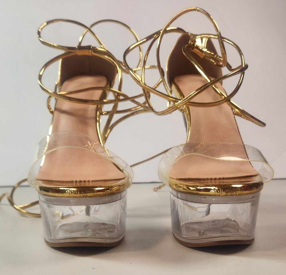 PLEASER Sz 9 Sexy Stripper Gold Ankle Wrap Clear Platform 6" Heels Pole Dancing